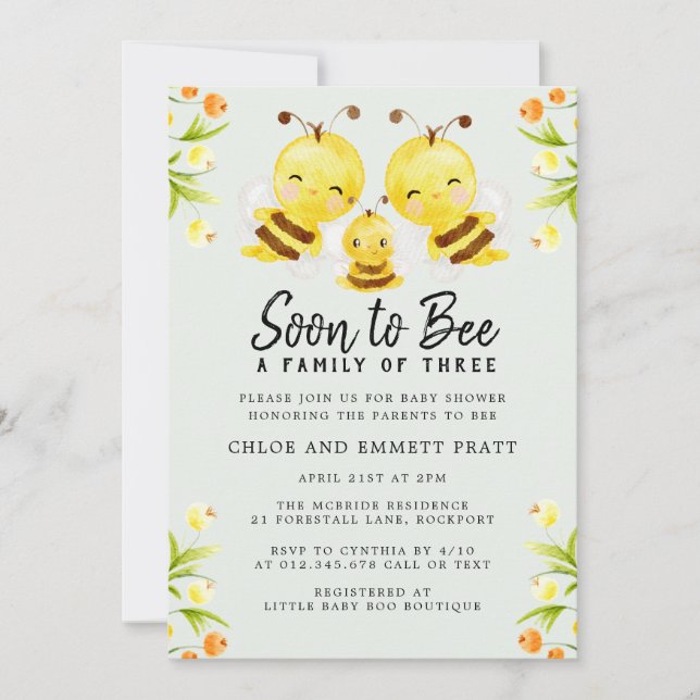 Soon to Bee a Family of Three Baby Shower Invitation (Front)