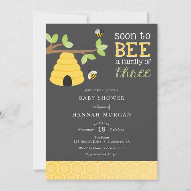 Soon to Bee a Family of Three Baby Shower Invitation (Front)