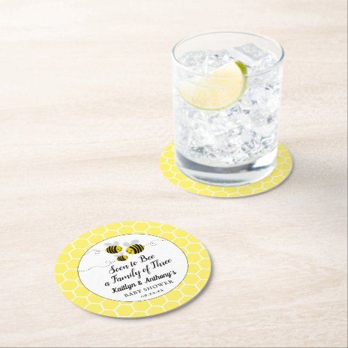 Soon To Bee A Family Of Three  Baby Shower Round Paper Coaster