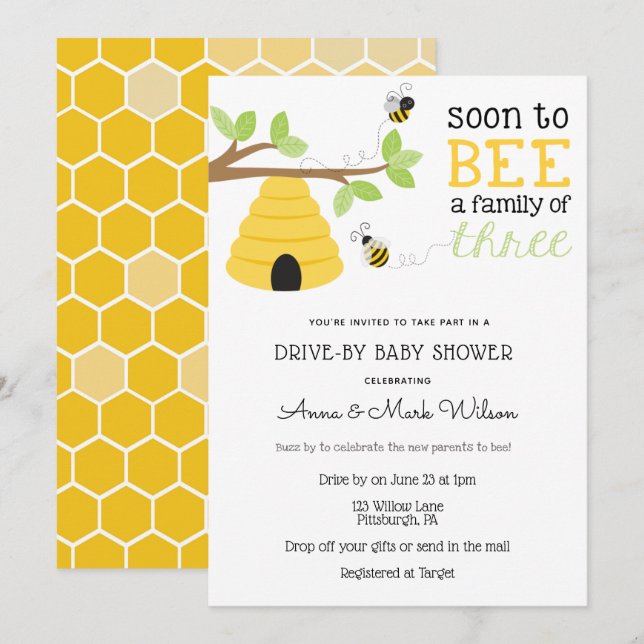 Soon to Bee a Family of Three Drive-By Baby Shower Invitation (Front/Back)