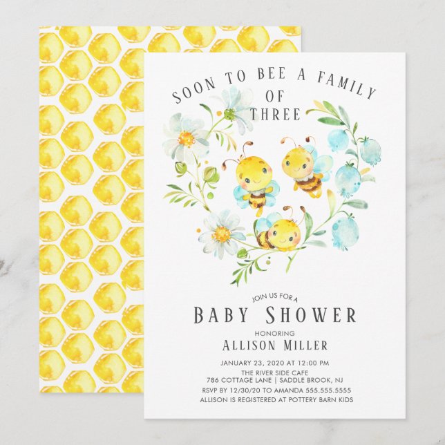 Soon to Bee Family of 3 Baby Shower Invitation (Front/Back)