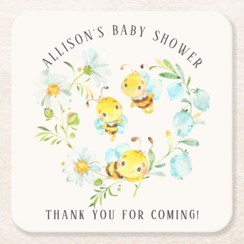 Soon to Bee Family of 3 Bee Baby Shower  Square Paper Coaster