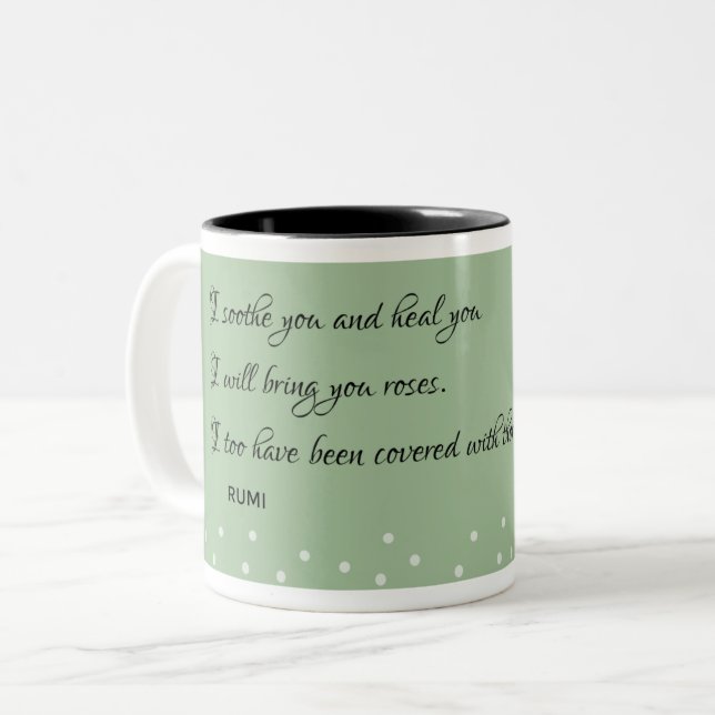 Soothe and Heal: Rumi's Wisdom Two-Tone Coffee Mug (Front Left)