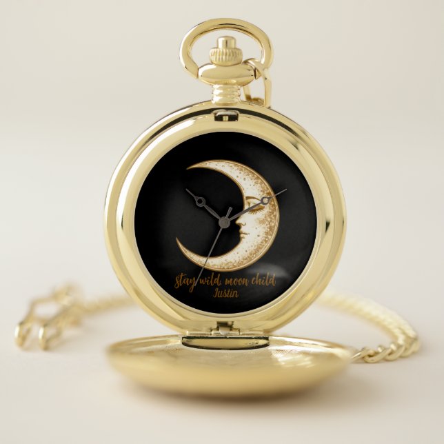 Soothing Crescent Moon Stay Wild, Moon Child Pocket Watch (Inside)