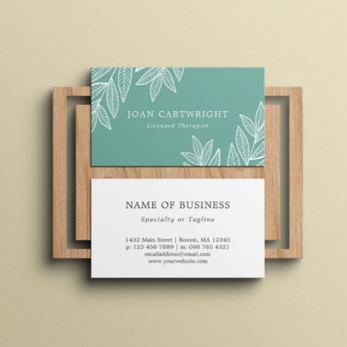 Soothing Cyan White Leaves Psychologist Therapist Business Card