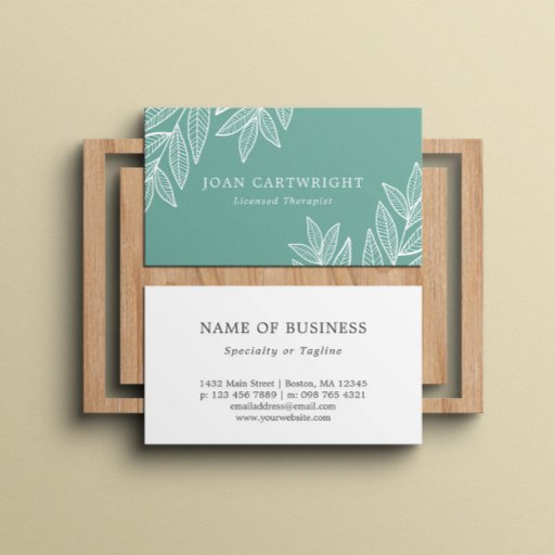 Customizable Soothing Cyan White Leaves Psychologist Therapist Business Card