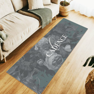 Soothing Slate Green Floral Typography Monogram Yoga Mat