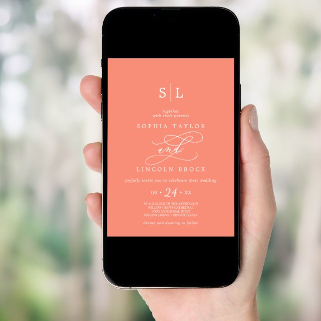 SOPHIA Arch Bright Coral Peach Sunset Wedding Invitation (Front Digital)