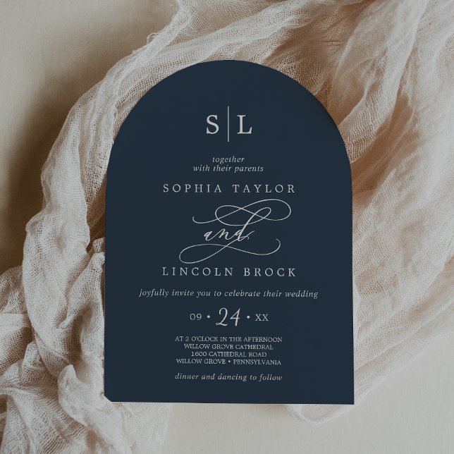 SOPHIA Arch Dark Blue Monogram Simple Navy Wedding Invitation (SOPHIA Arch Dark Blue Monogram Simple Navy Wedding Invitation)
