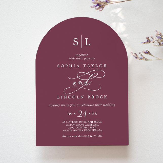 SOPHIA Arch Maroon Red Monogram Autumn Wedding Invitation (SOPHIA Arch Maroon Red Monogram Autumn Wedding Invitation)