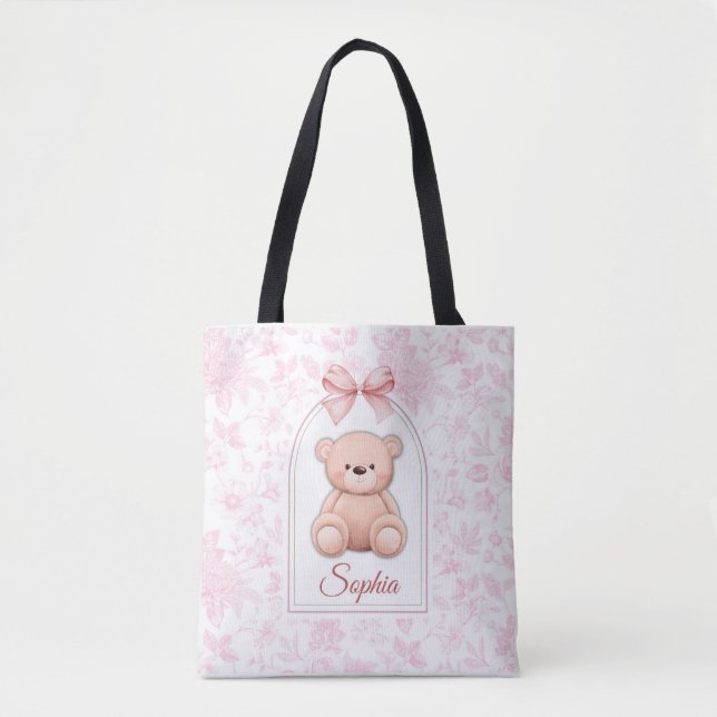 Sophia | Custom Pink Teddy Bear Nursery Design  Tote Bag (Front)