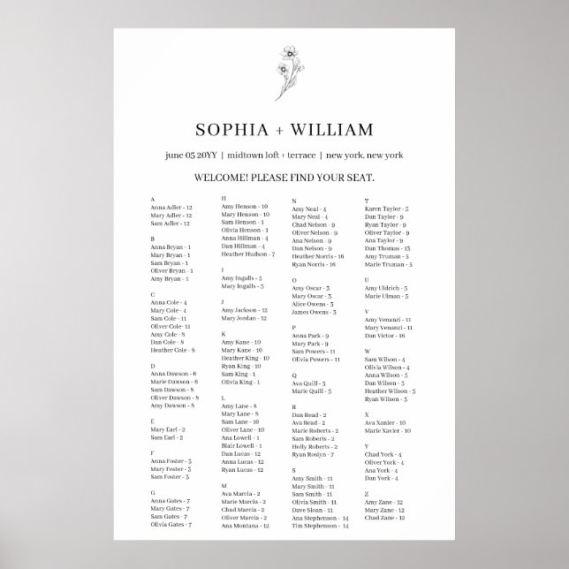Sophia Elegant Alphabetical Seating Chart (Front)