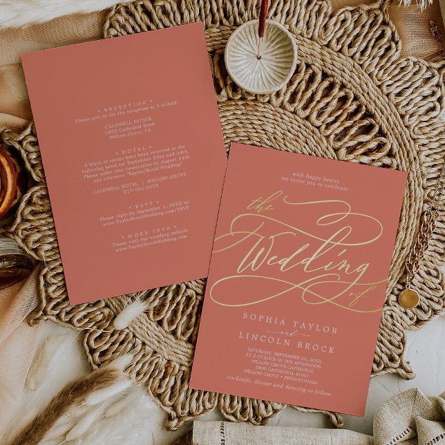 SOPHIA Gold Foil Bright Coral Summer Wedding Invitation (SOPHIA Gold Foil Bright Coral Summer Wedding Foil Invitation)
