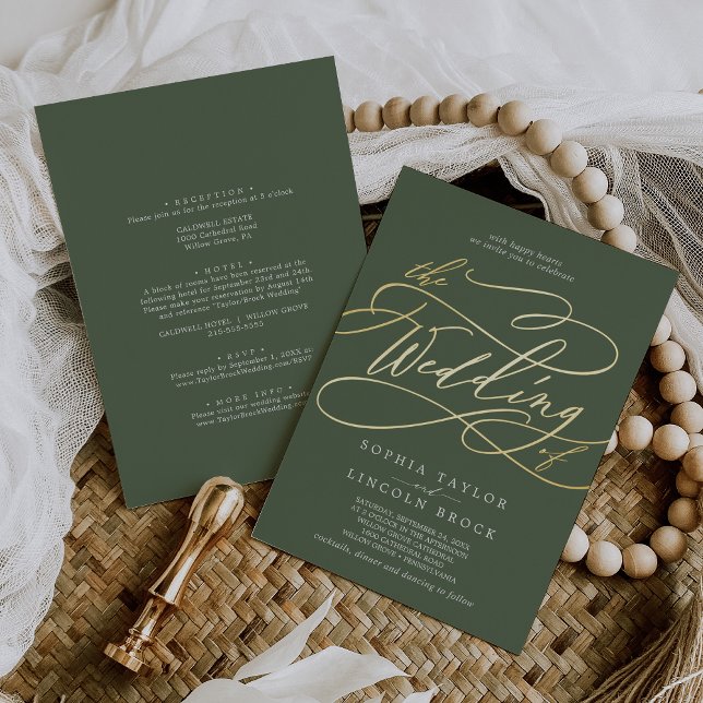 SOPHIA Gold Foil Woodland Olive Green Wedding Foil Invitation (SOPHIA Gold Foil Woodland Olive Green Wedding Foil Invitation)