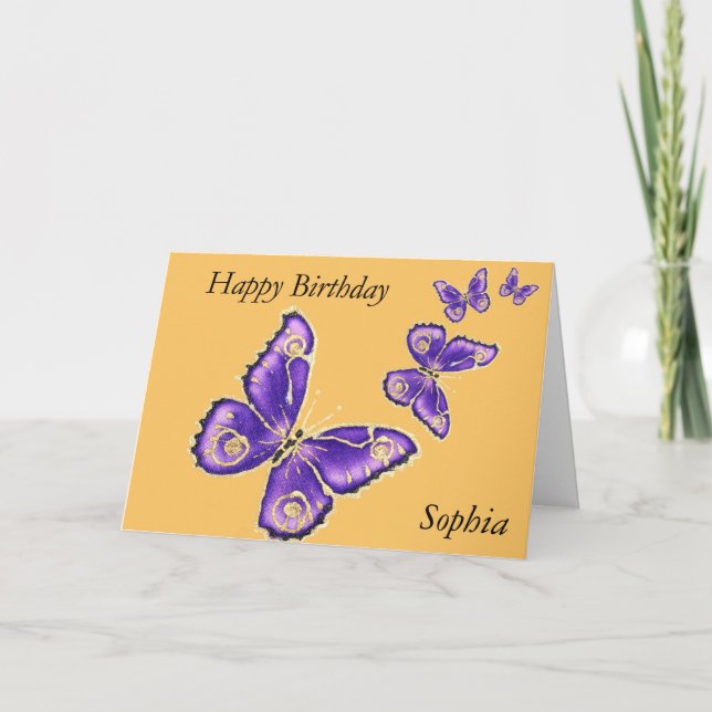 Sophia, Happy Birthday purple butterfly card (Front)