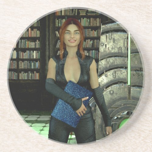 Sophia in gothic library holding laptop coaster