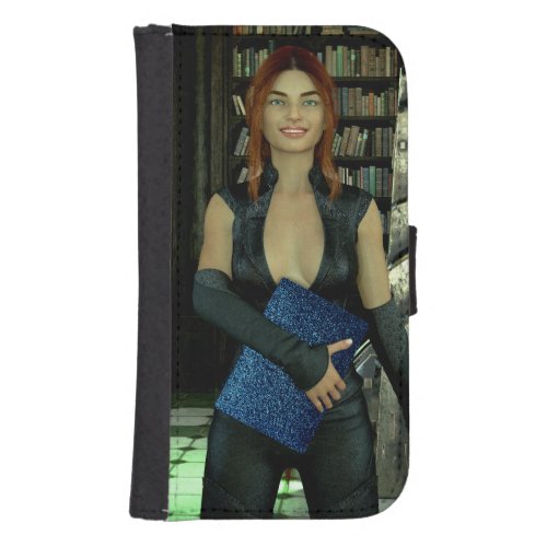 Sophia in gothic library holding laptop galaxy s4 wallet case