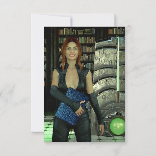 Sophia in gothic library holding laptop thank you card