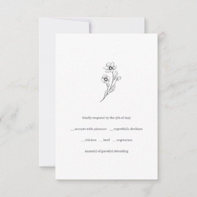 Sophia Minimalist Black White Meal Choice Wedding RSVP Card (Front)