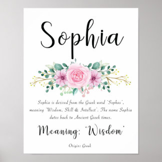 Sophia Name Meaning Print with Pink Flowers 