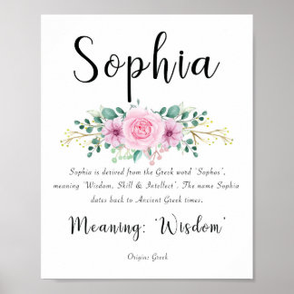 Sophia name meaning Print with Pink flowers 8x10 