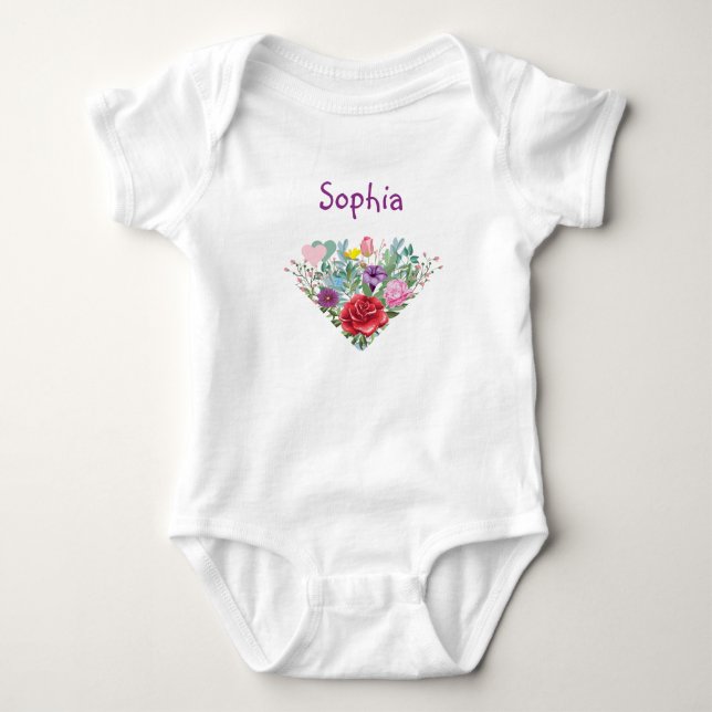 Sophia Personalize Name Flowers Twins 2 Hearts Baby Bodysuit (Front)