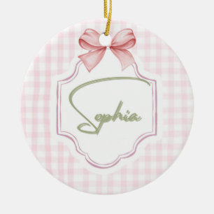 Sophia Personalized Pink Bow & Gingham Print Ceramic Ornament