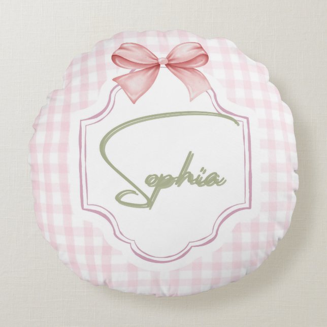 Sophia Personalized Pink Bow & Gingham Print  Round Pillow (Front)