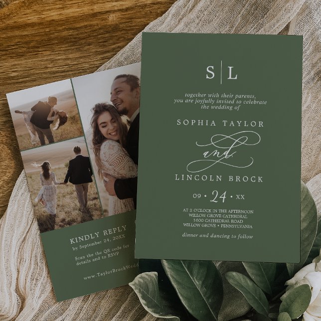 SOPHIA QR 3 Photo Olive Green All In One Wedding Invitation (SOPHIA QR 3 Photo Olive Green All In One Wedding Invitation)