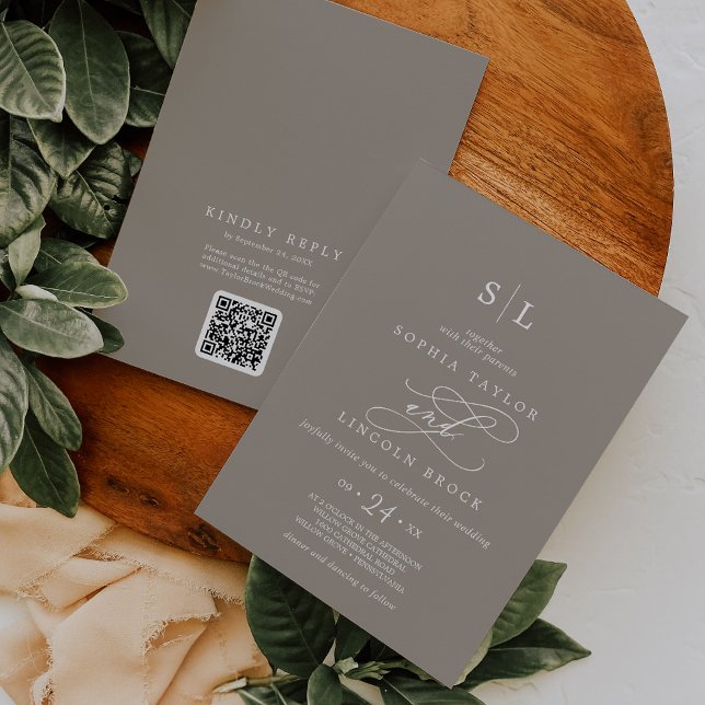 SOPHIA QR Code Boho Chic Taupe All In One Wedding Invitation (SOPHIA QR Code Boho Chic Taupe All In One Wedding Invitation)