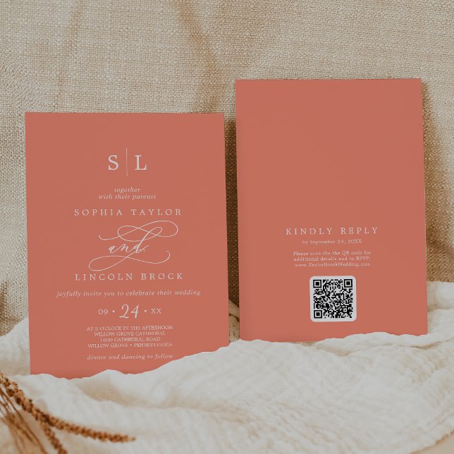 SOPHIA QR Code Bright Coral All In One Wedding Invitation (SOPHIA QR Code Bright Coral All In One Wedding Invitation)
