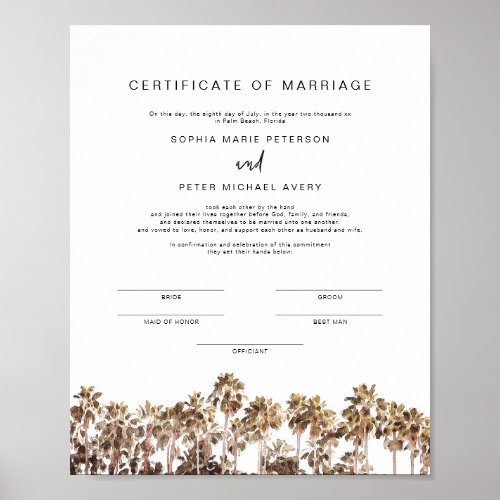 SOPHIA Tropical Beach Palm Marriage Certificate Po Poster