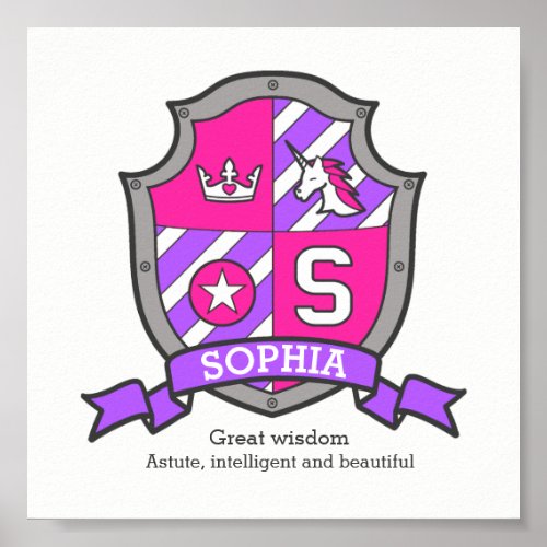 Sophia unicorn girls name meaning knight crest poster