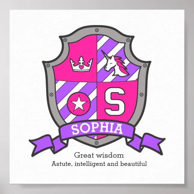 Sophia unicorn girls name meaning knight crest poster Zazzle