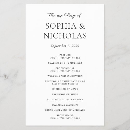 Sophia White Modern Wedding Program Flyer