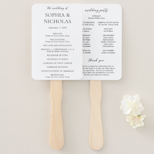 Sophia White Modern Wedding Program Hand Fan