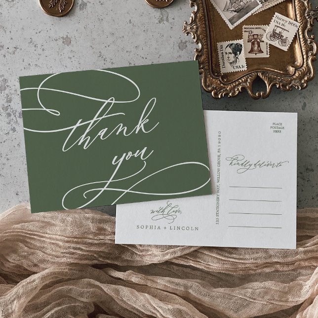 SOPHIA Woodland Olive Green Wedding Thank You Postcard (SOPHIA Woodland Olive Green Wedding Thank You Postcard)