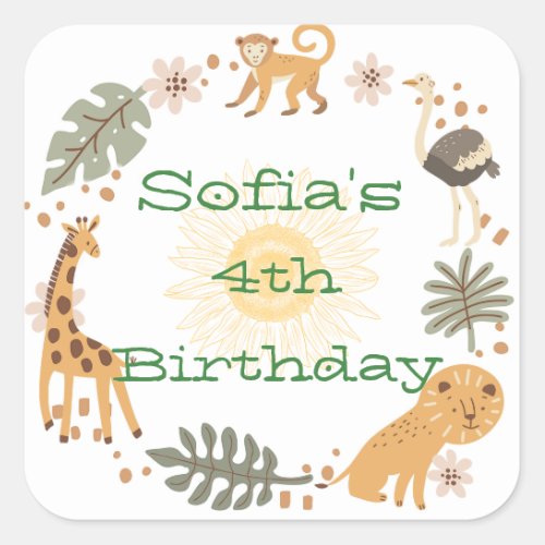 Sophias Jungle Animal Party Square Sticker