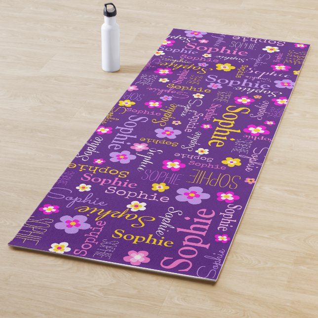 Sophie flowers name typographic purple pink yoga mat (In Situ)