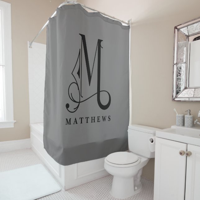Sophisicated Grey with Elegant Monogram M Custom Shower Curtain (In Situ)