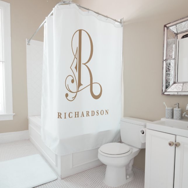 Sophisicated Grey with Elegant Monogram R Custom Shower Curtain (In Situ)