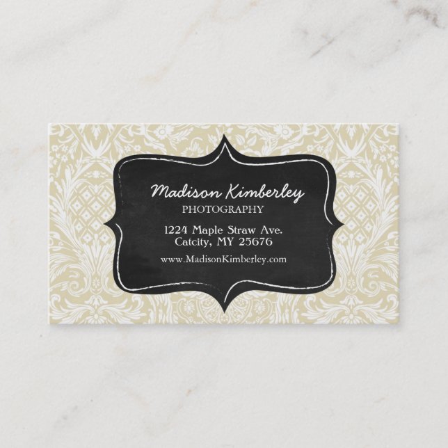 Sophistiacted Cream Damask Pattern Chalkboard Business Card (Front)