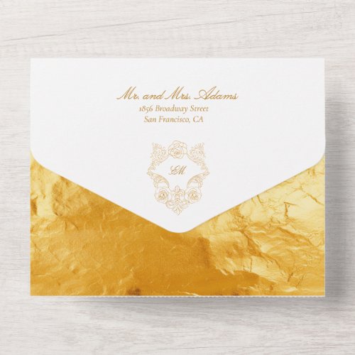 Sophisticate Faux Foil Script Gold Baroque Wedding All In One Invitation