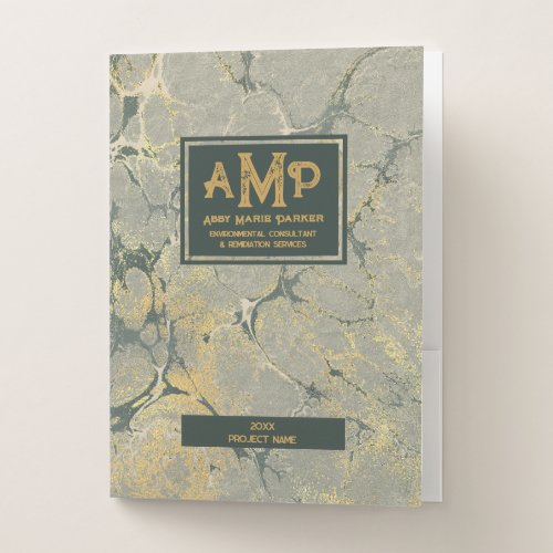 Sophisticated 3 Letter Monogram Gold Green Texture Pocket Folder