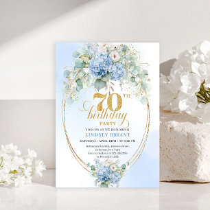 Sophisticated 70th Birthday Blue Hydrangea Invite