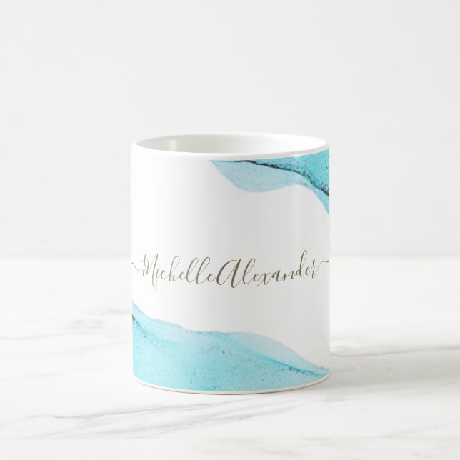 Sophisticated Abstract Custom Turquoise Ink Art Coffee Mug (Center)