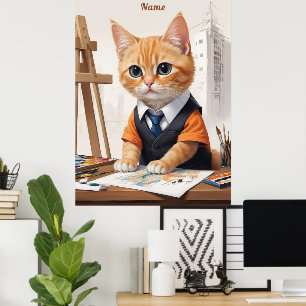 Sophisticated Architect Cat Ginger Kitten Art Poster