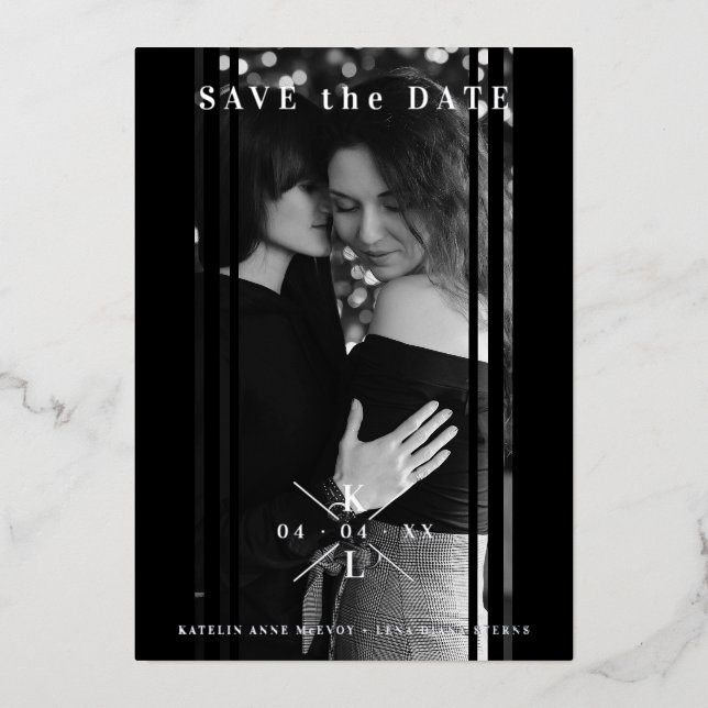 Sophisticated B&W Photo Couple Lesbian Gay Wedding Foil Invitation (Front)