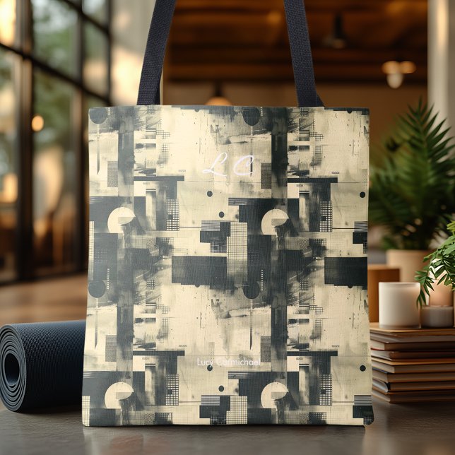 Sophisticated Black and Beige Abstract Personalize Tote Bag (Creator Uploaded)
