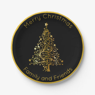Sophisticated Black and Gold Christmas Tree Paper Plates